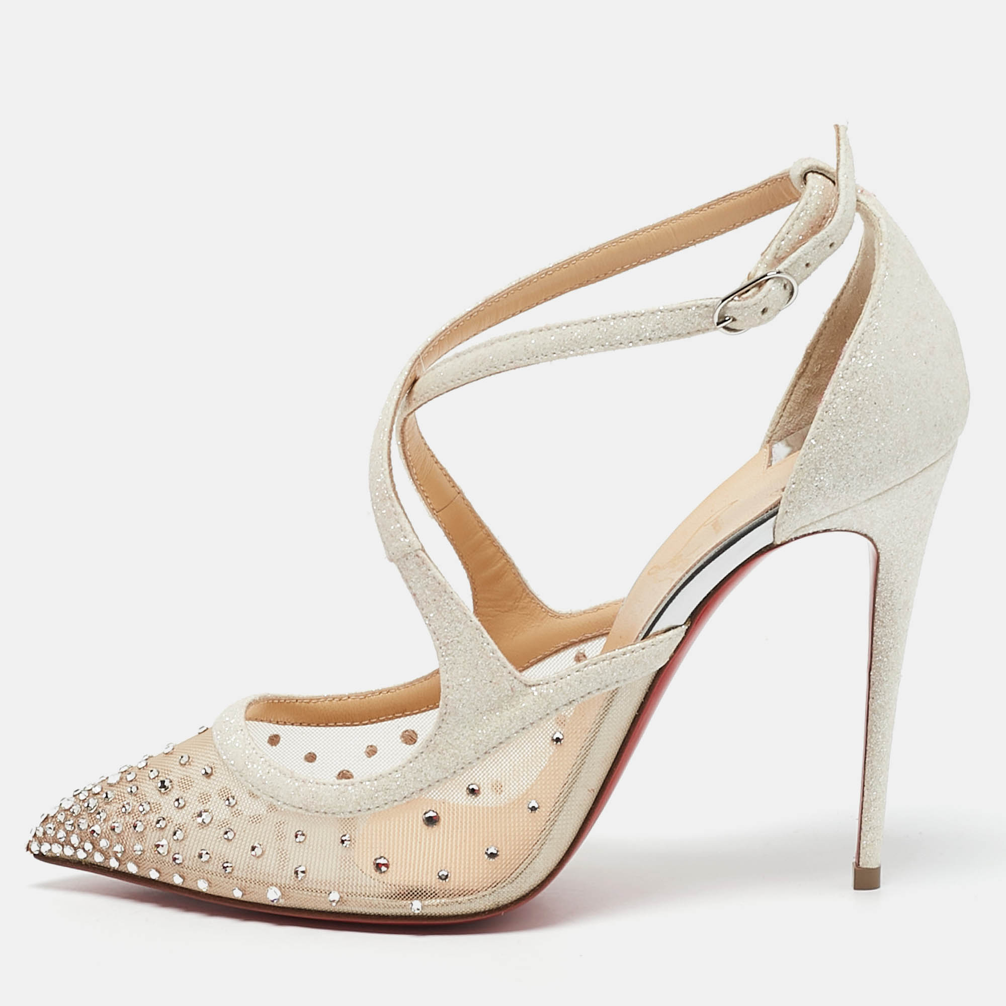 Christian Louboutin Silver/Beige Glitter and Mesh Twistissima Pumps Size
Christian Louboutin Silver/Beige Glitter and Mesh Twistissima Pumps Size