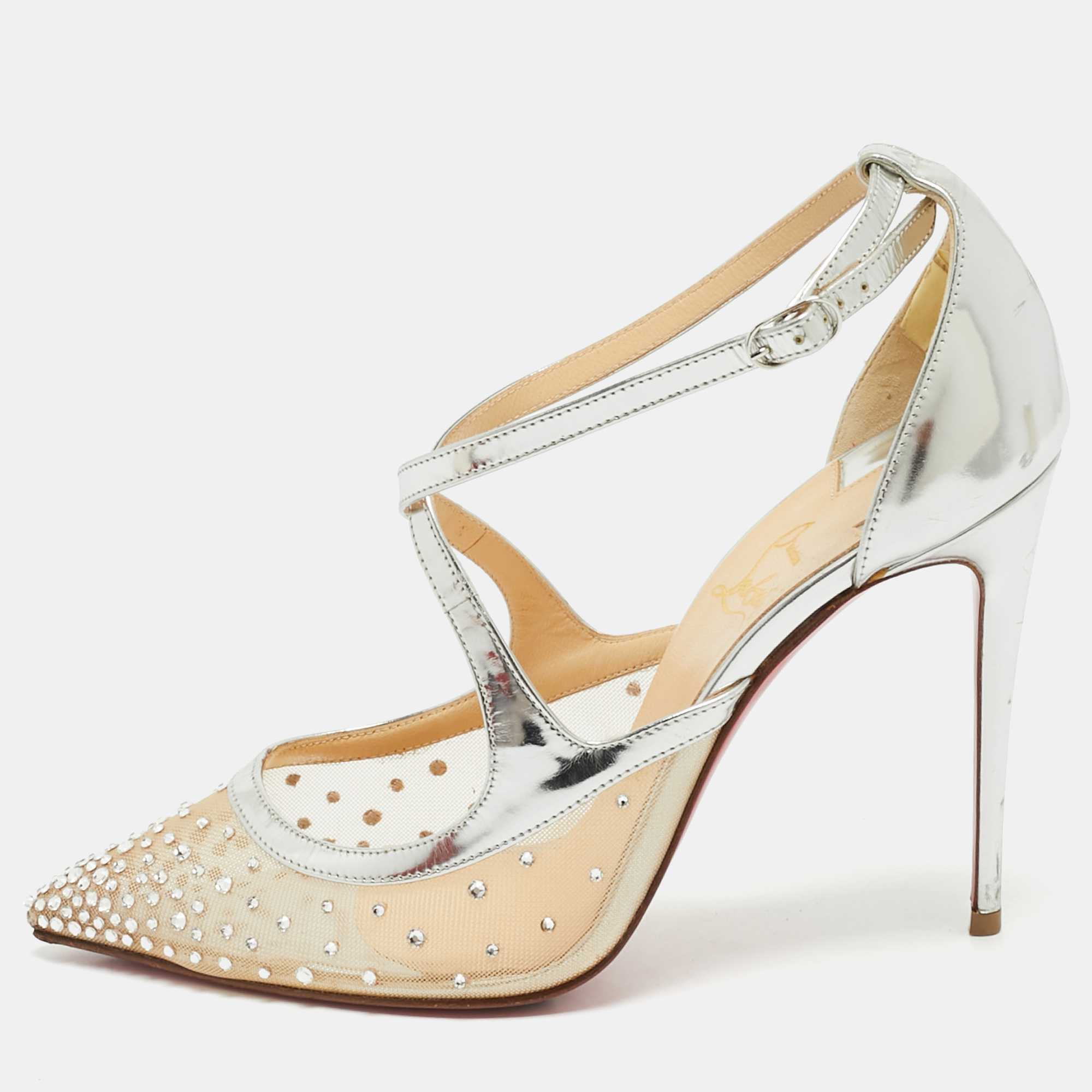 Christian Louboutin Silver/Beige Leather and Mesh Twistissima Pumps Size
Christian Louboutin Silver/Beige Leather and Mesh Twistissima Pumps Size
