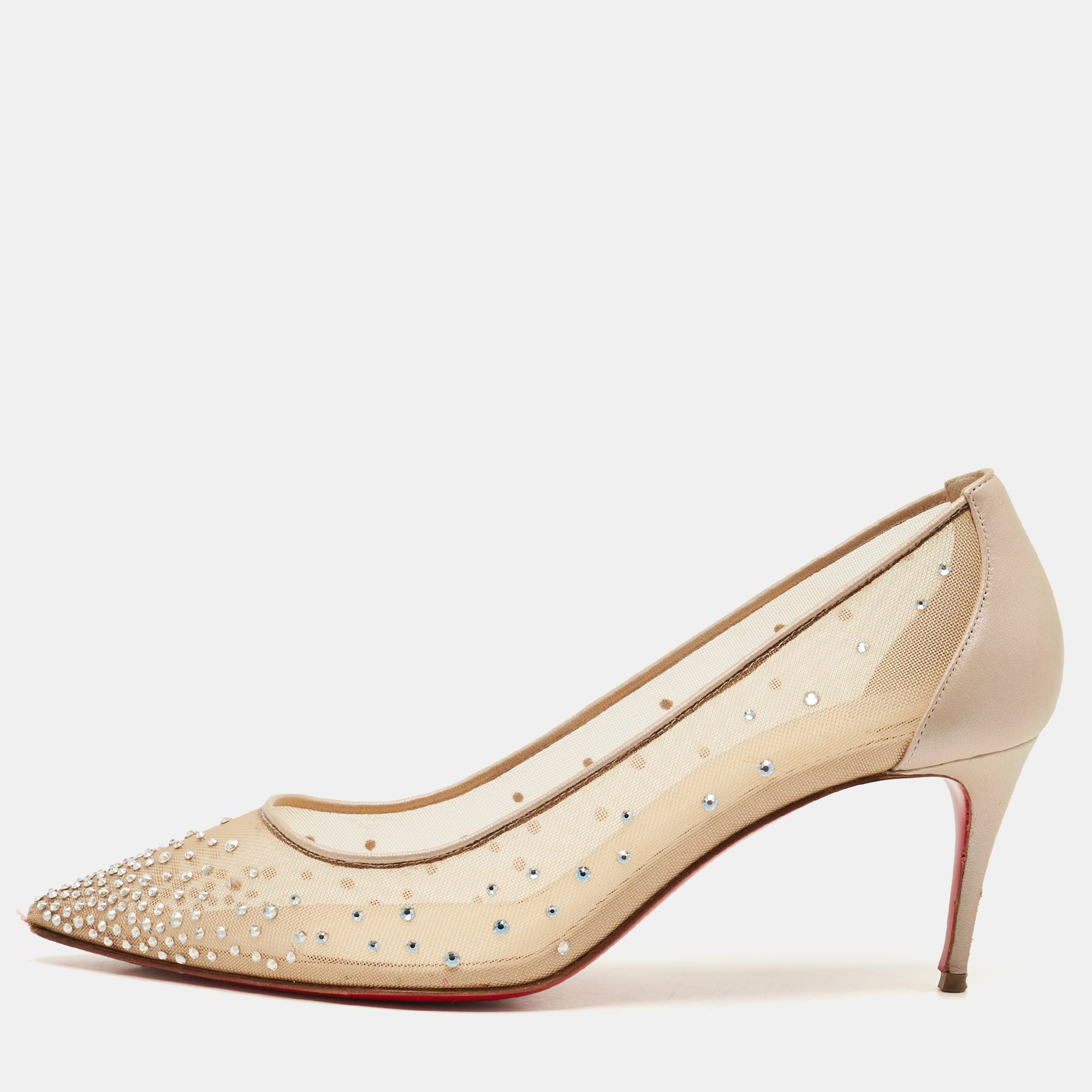 Christian Louboutin Beige Mesh and Leather Follies Strass Pointed Toe Pumps Size
Christian Louboutin Beige Mesh and Leather Follies Strass Pointed Toe Pumps Size