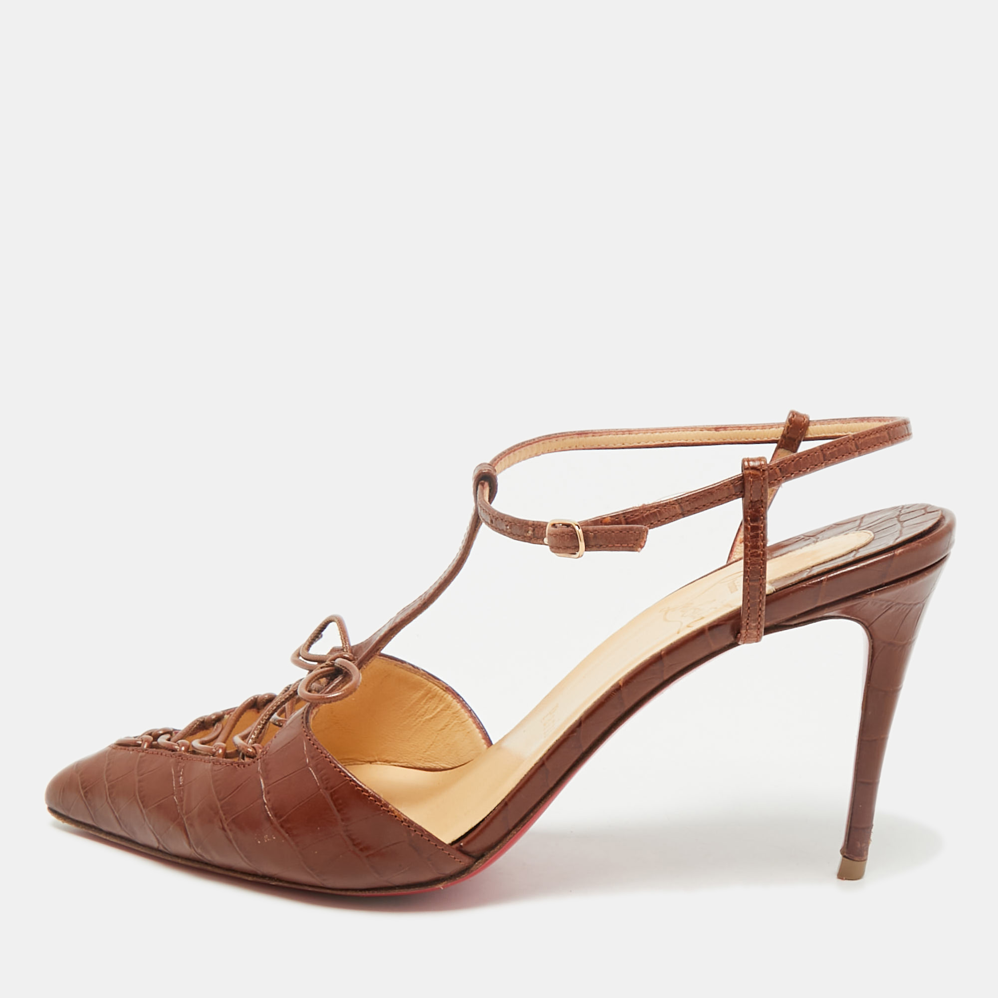 Christian Louboutin Brown Croc Embossed Leather Crococuty Ankle-Strap Pumps Size
Christian Louboutin Brown Croc Embossed Leather Crococuty Ankle-Strap Pumps Size