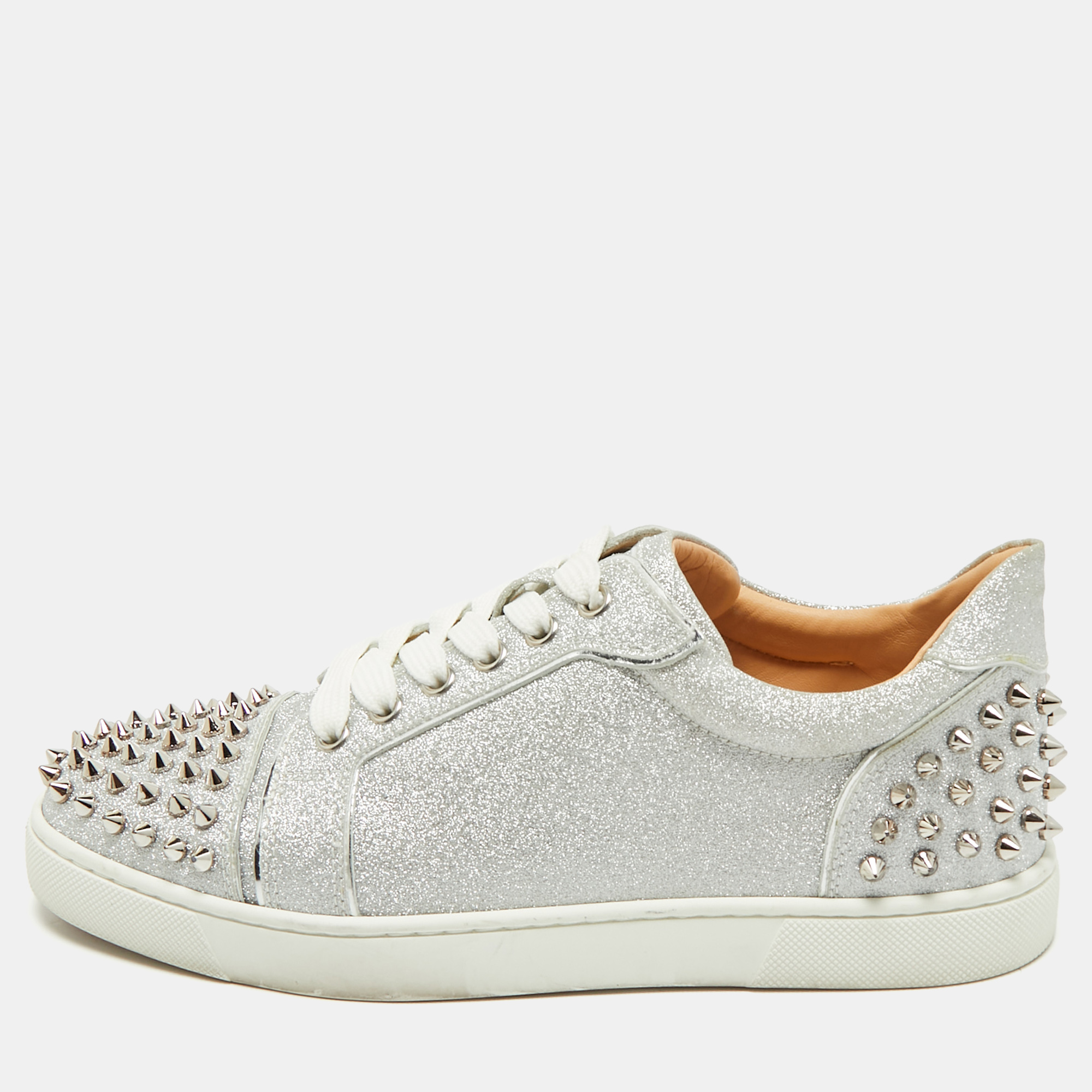 Christian Louboutin Silver Glitter and Leather Louis Junior Spikes Low Top Sneakers Size 39 - Christian Louboutin - Modalova