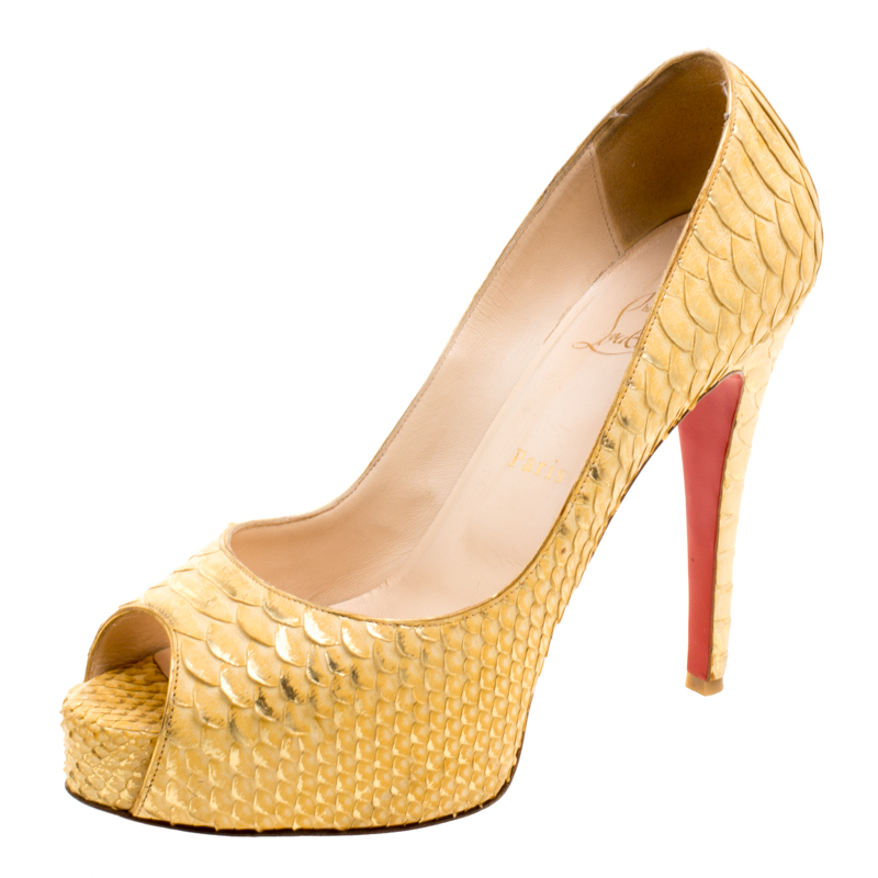 Christian louboutin metallic gold python leather altadama peep toe pumps size 40