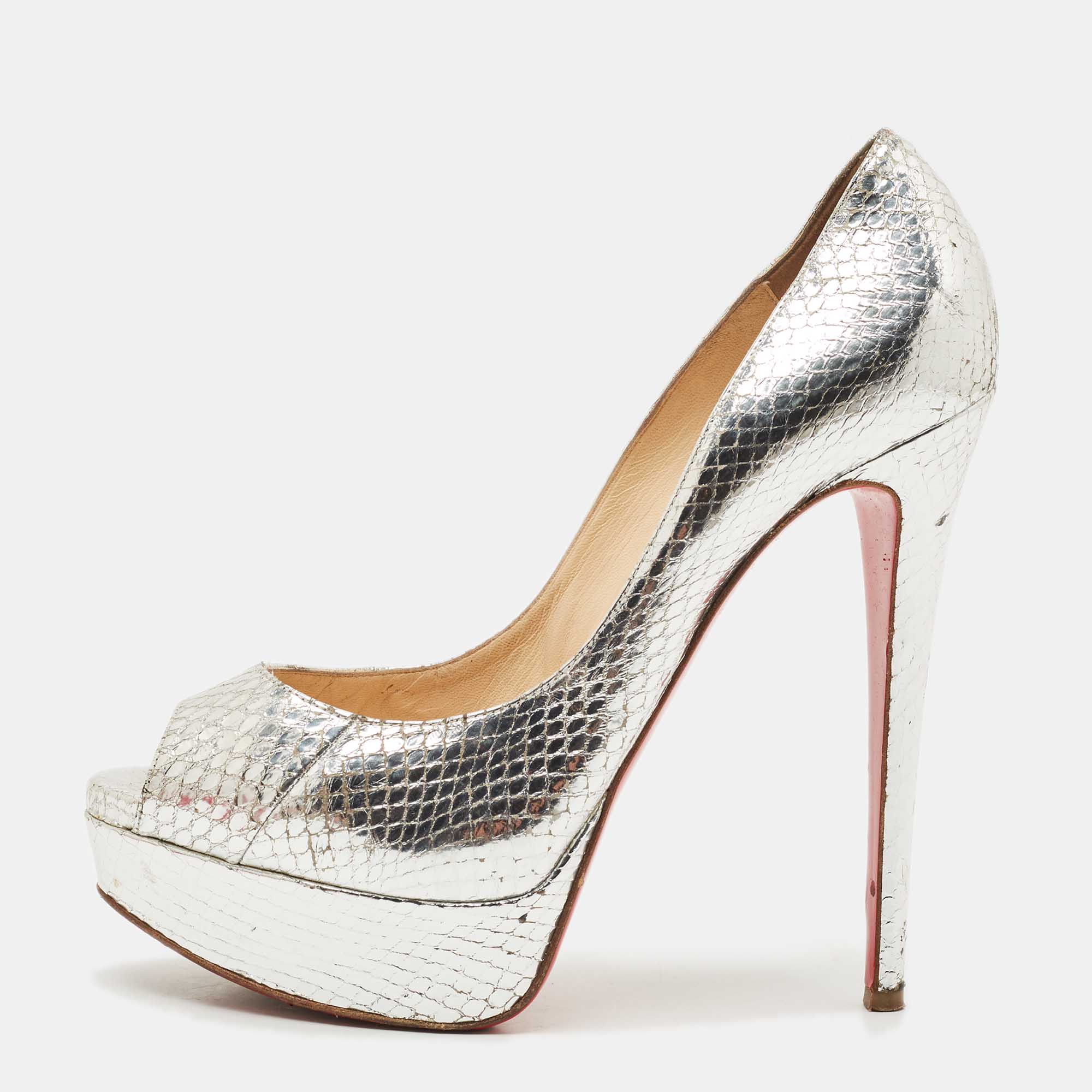 Christian Louboutin Silver Python Embossed Leather Lady Peep Toe Pumps Size
Christian Louboutin Silver Python Embossed Leather Lady Peep Toe Pumps Size