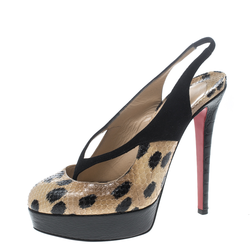 Christian louboutin beige animal print python and black suede stringita platform slingback sandals size 38