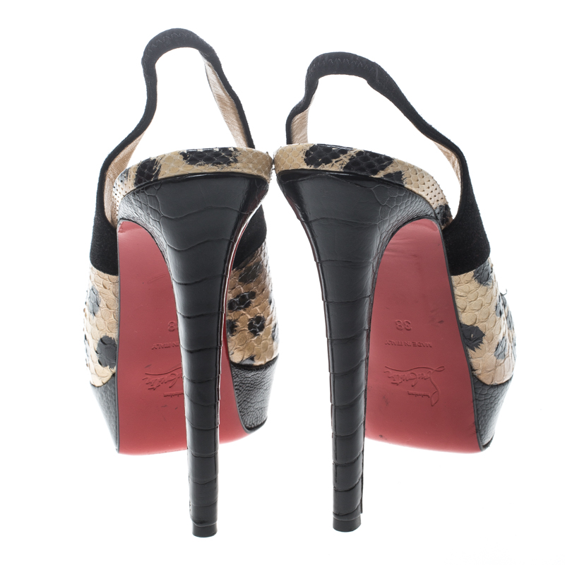 Christian Louboutin Beige Animal Print Python And Black Suede Stringita Platform Slingback Sandals Size 38