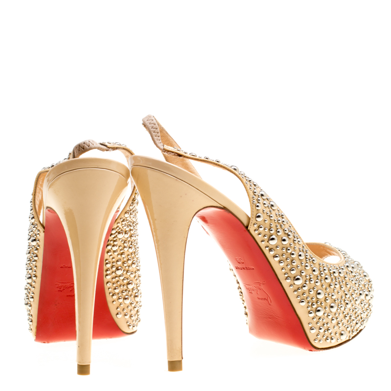 Christian Louboutin Beige Studded Patent Leather Star Prive Peep Toe Slingback Sandals Size 39