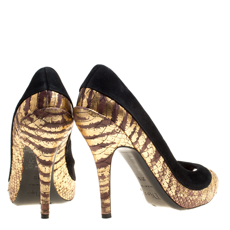 Dior Black/Gold Suede And Python Peep Toe Pumps Size 35.5