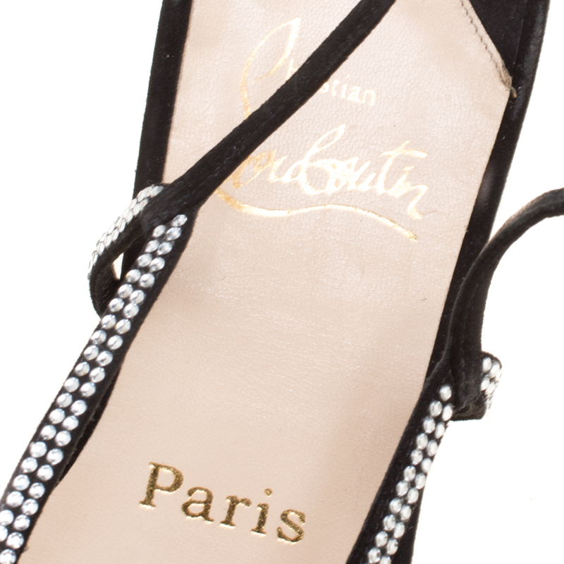 Christian Louboutin Black Crystal Embellished Suede Slingback Flat Sandals Size 36.5