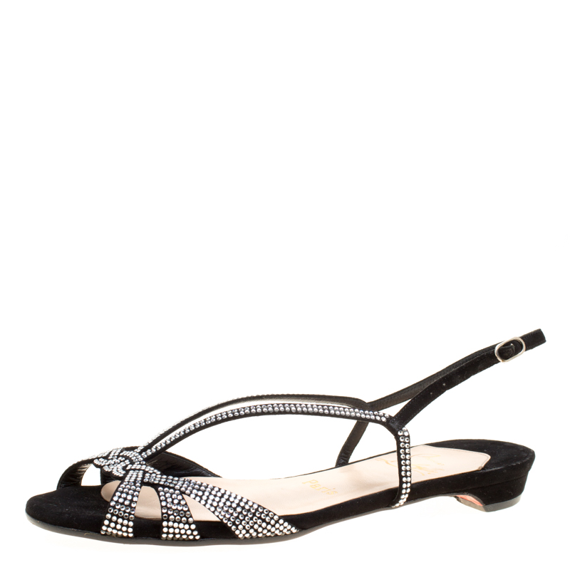 Christian Louboutin Black Crystal Embellished Suede Slingback Flat Sandals Size 36.5