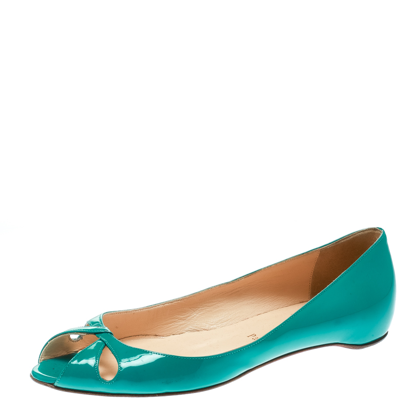 

Christian Louboutin Green Patent Leather Un Voilier Peep Toe Flats Size