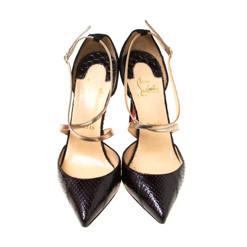 Christian Louboutin Black/Gold Python And Suede Maltaise Pointed Toe Sandals Size 38
