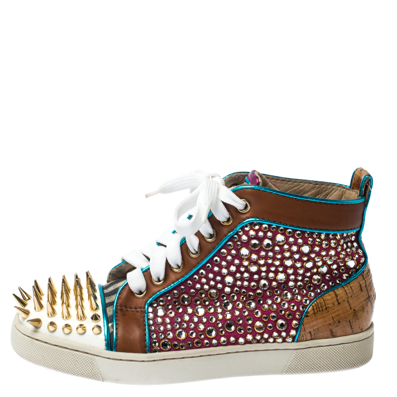

Christian Louboutin Multicolor Crystal Embellished Leopard Print Calfhair and Leather Spikes High-Top Sneakers Size