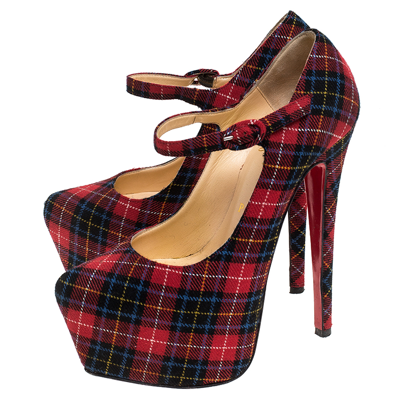 Christian Louboutin Multicolor Wool Blend Check Daffodils Mary Jane Platform Pumps Size 36