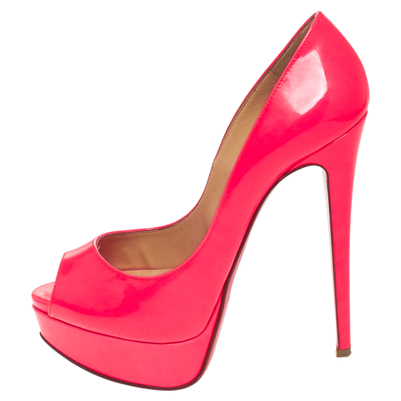 

Christian Loubuton Bright Fluorescent Neon Red Leather Lady Peep Toe Platform Pumps Size