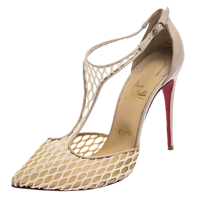 Image of Christian Louboutin Beige Lace Salonu Pointed Toe T Strap Sandals Size