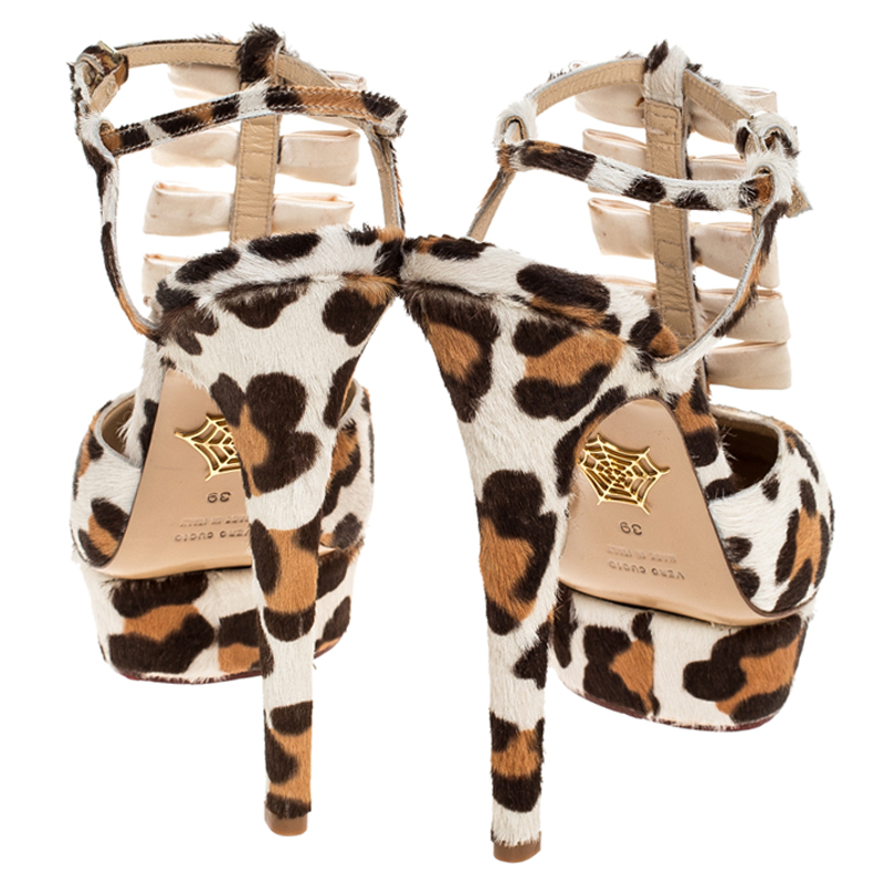 Charlotte Olympia Brown/White Leopard Print Calfhair And Satin Bow T-Strap Platform Sandals Size 39