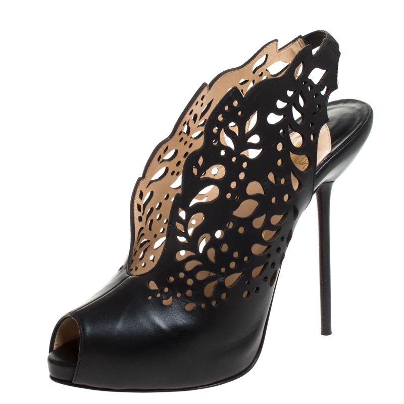 Image of Christian Louboutin Black Lasercut Leather Markesling Slinback Sandals Size