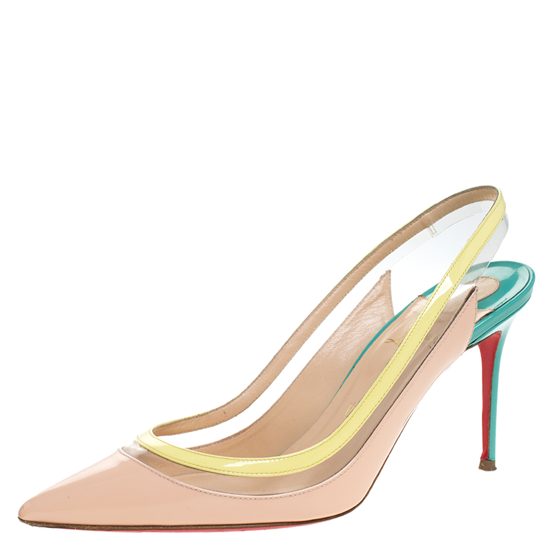 Image of Christian Louboutin Tricolor PVC And Patent Leather Paulina Pointed Toe Slingback Sandals Size