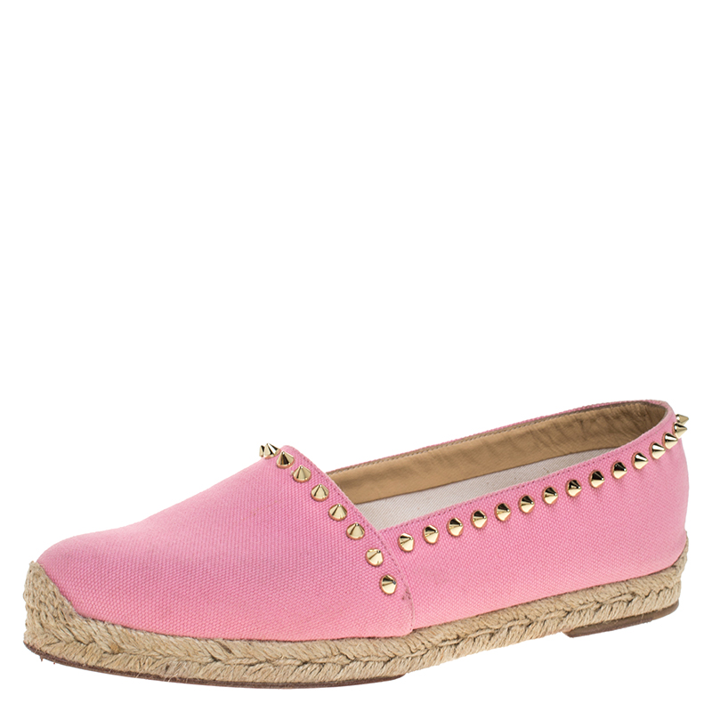 Image of Christian Louboutin Pink Canvas Ares Spiked Espadrilles Flats Size