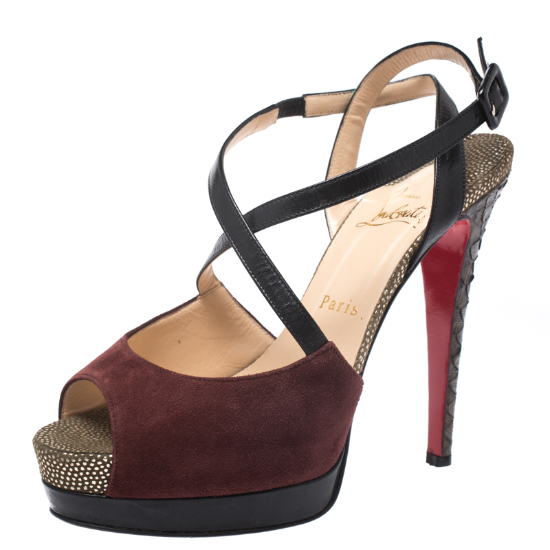 Christian Louboutin Multicolor Suede, Python And Leather Platform Ankle Strap Sandals Size 38