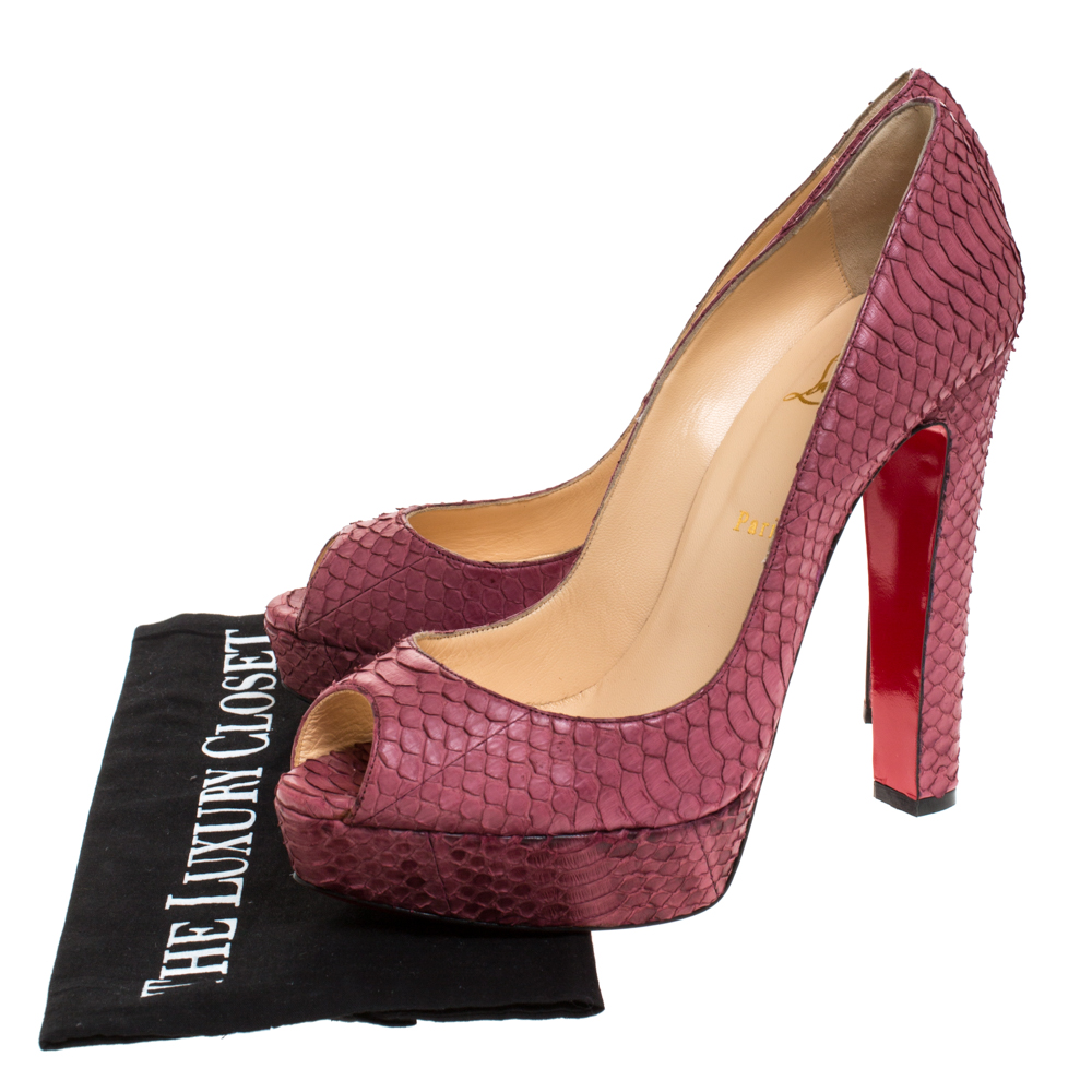 Christian Louboutin Pink Python Leather Lady Peep Toe Platform Pumps Size 41