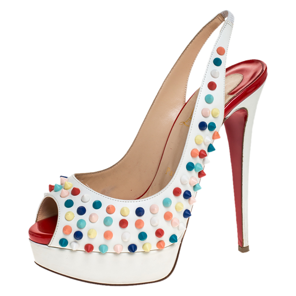 Image of Christian Louboutin White Leather Lady Peep Multicolor Spikes Slingback Sandals Size