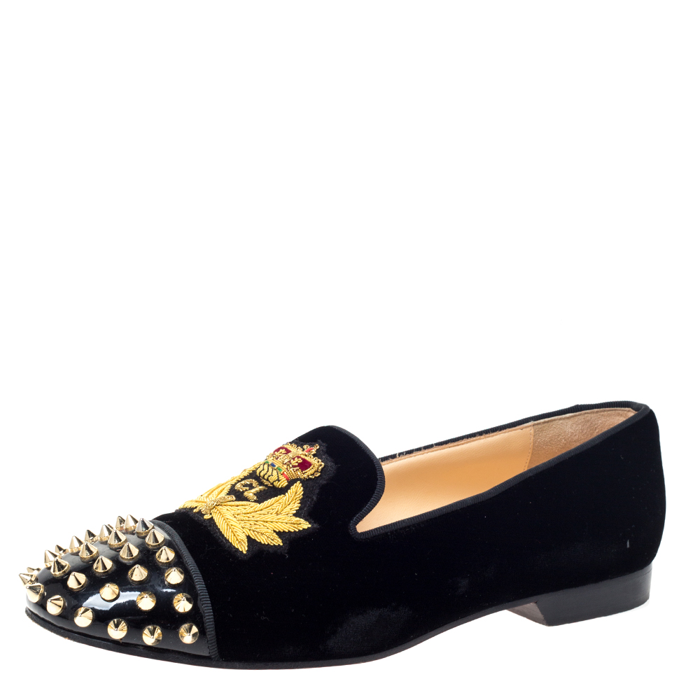 Image of Christian Louboutin Black Velvet and Patent Spiked Cap Toe Harvanana Smoking Slippers Size .