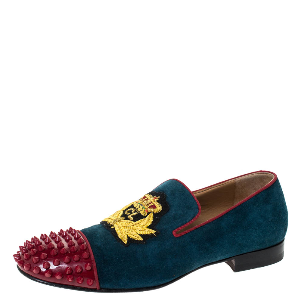 Image of Christian Louboutin Blue/Red Suede And Patent Spiked Cap Toe Harvanana Smoking Slippers Size