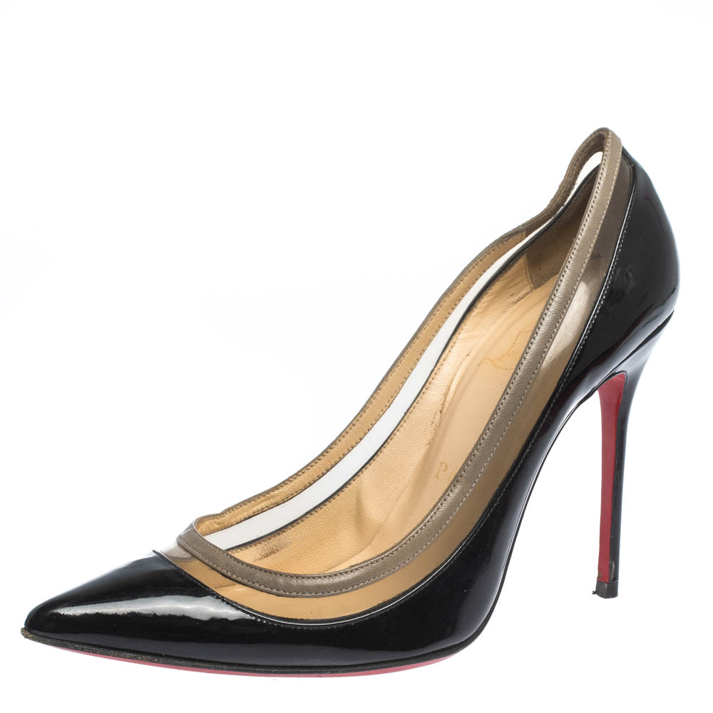 Christian Louboutin Black Patent Leather And PVC Paulina Pointed Toe Pumps Size 36.5