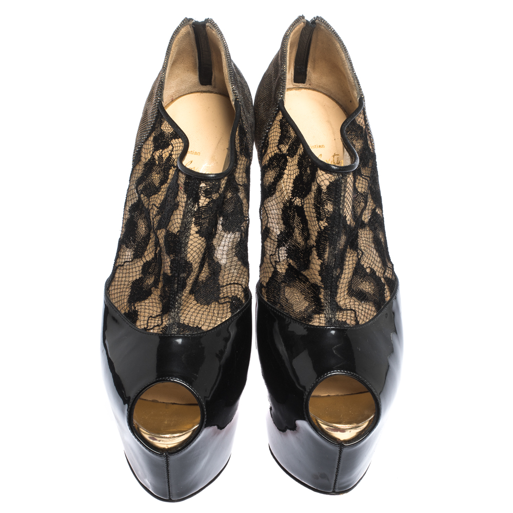Christian Louboutin Black Leopard Print Lamé Fabric And Patent Leather Aeronotoc Peep Toe Platform Booties Size 38