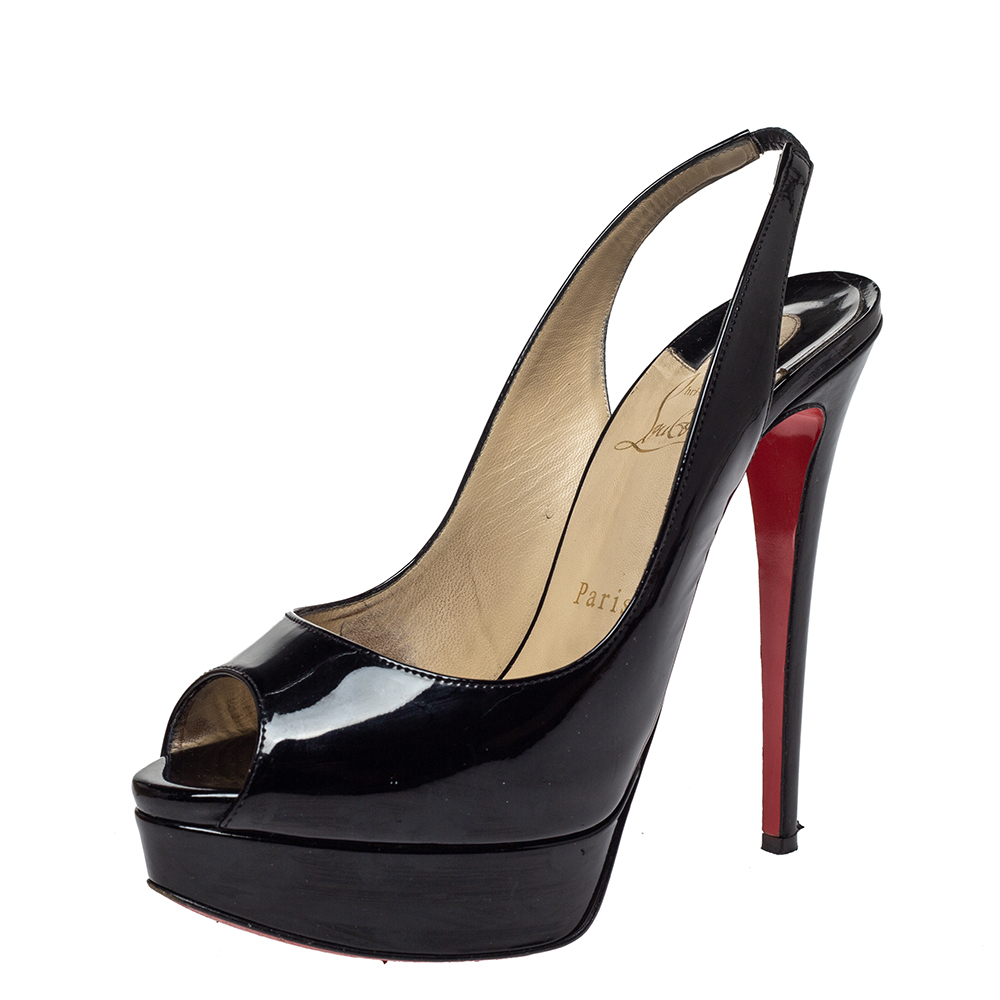 Christian louboutin black patent leather lady peep toe platform pumps size 38.5