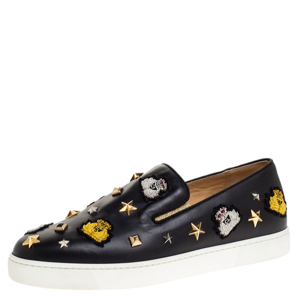 Image of Christian Louboutin Black Leather Miss Academy Slip On Sneakers Size