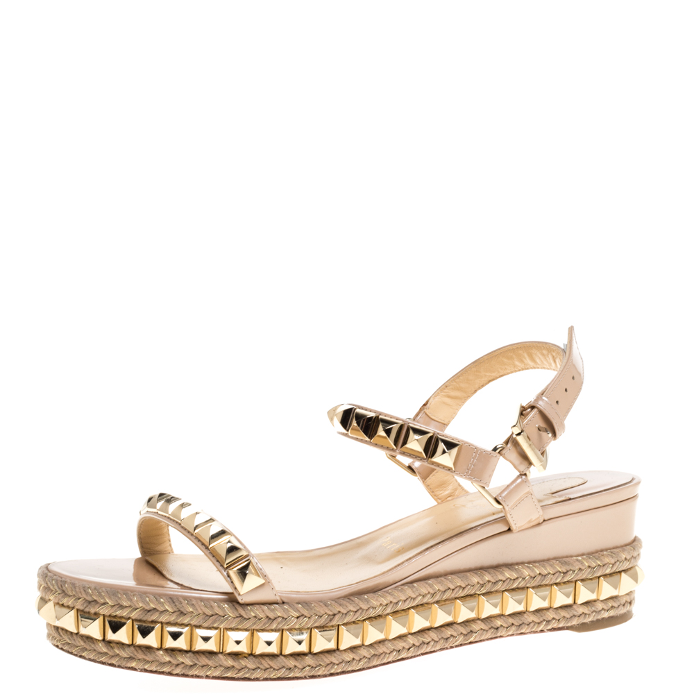 Image of Christian Louboutin Beige Patent And Gold Studded Leather Cataclou Espadrille Wedge Sandals Size