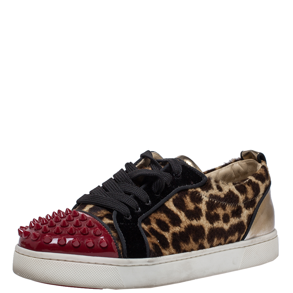 Image of Christian Louboutin Multicolor Leopard Print Pony Hair And Patent Leather Louis Junior Spikes Sneakers Size .