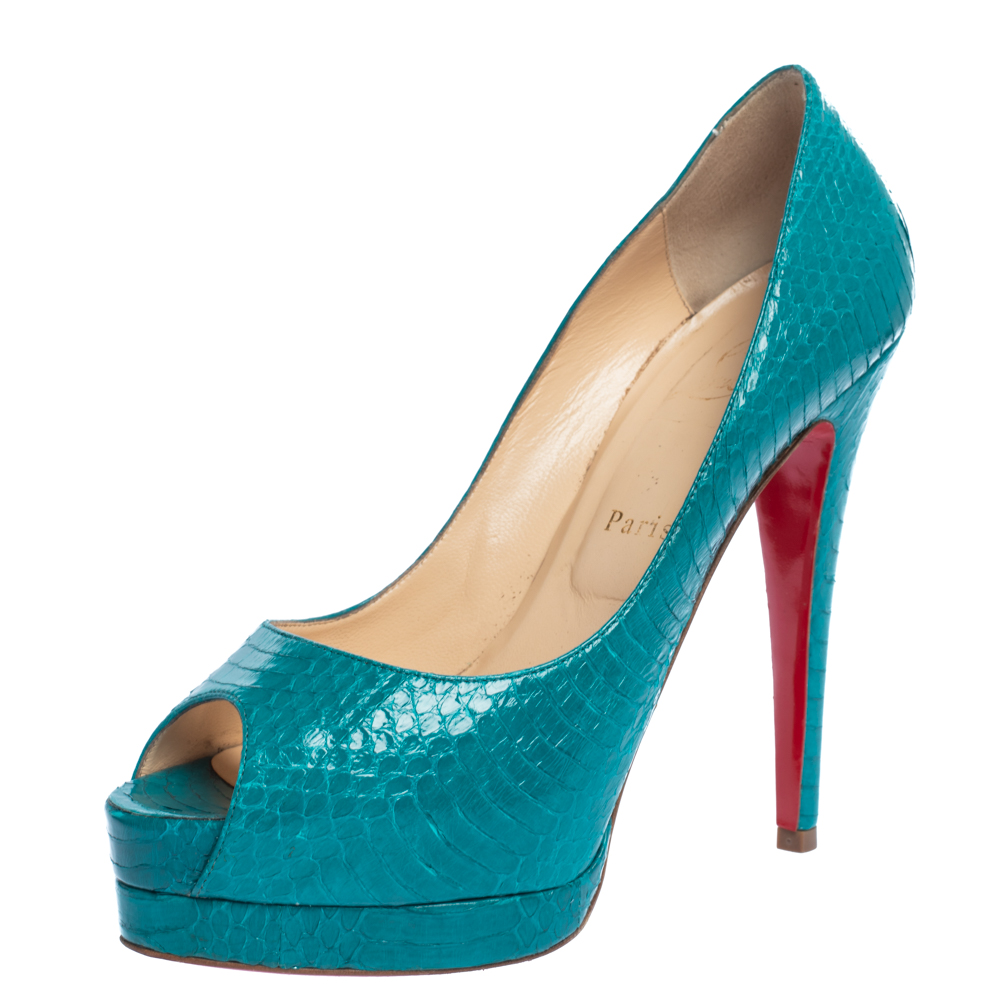 Christian Louboutin Turquoise Snakeskin Lady Peep Toe Platform Pumps Size 39