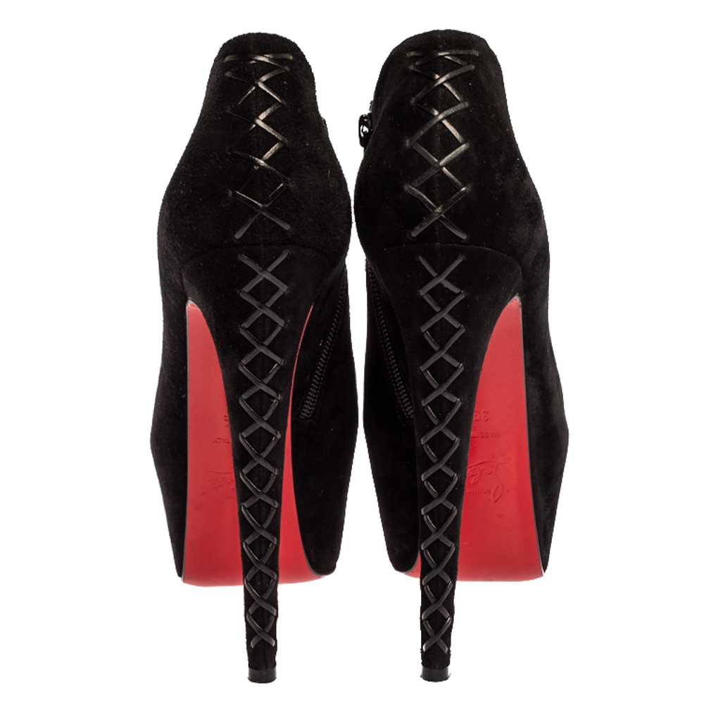 Christian Louboutin Black Suede Recouzetta Peep Toe Platform Ankle Boots Size 39.5