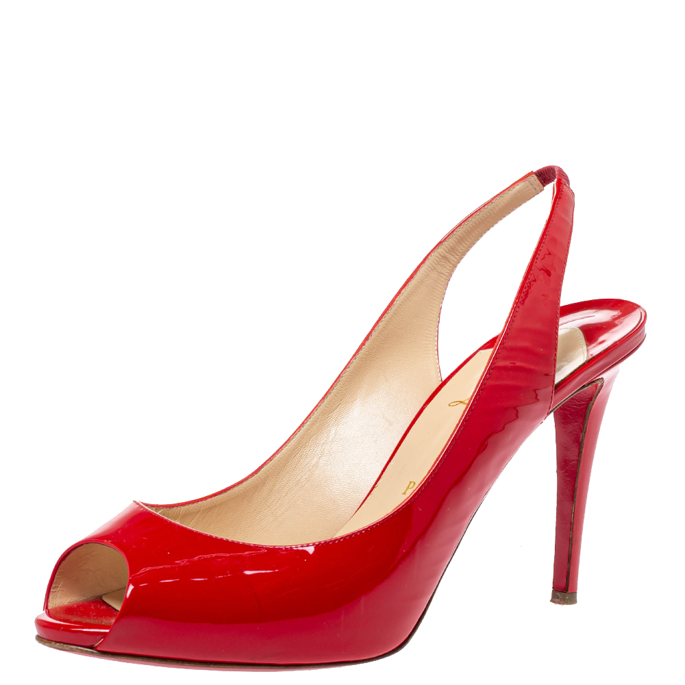Image of Christian Louboutin Red Patent Leather Flo Peep Toe Slingback Sandals Size