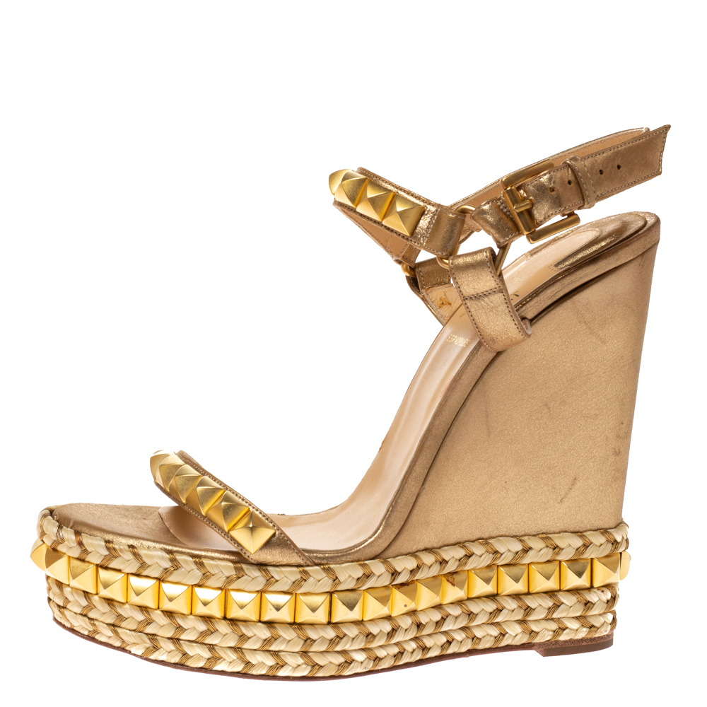 

Christian Louboutin Metallic Gold Studded Leather Cataclou Espadrille Wedge Platform Sandals Size