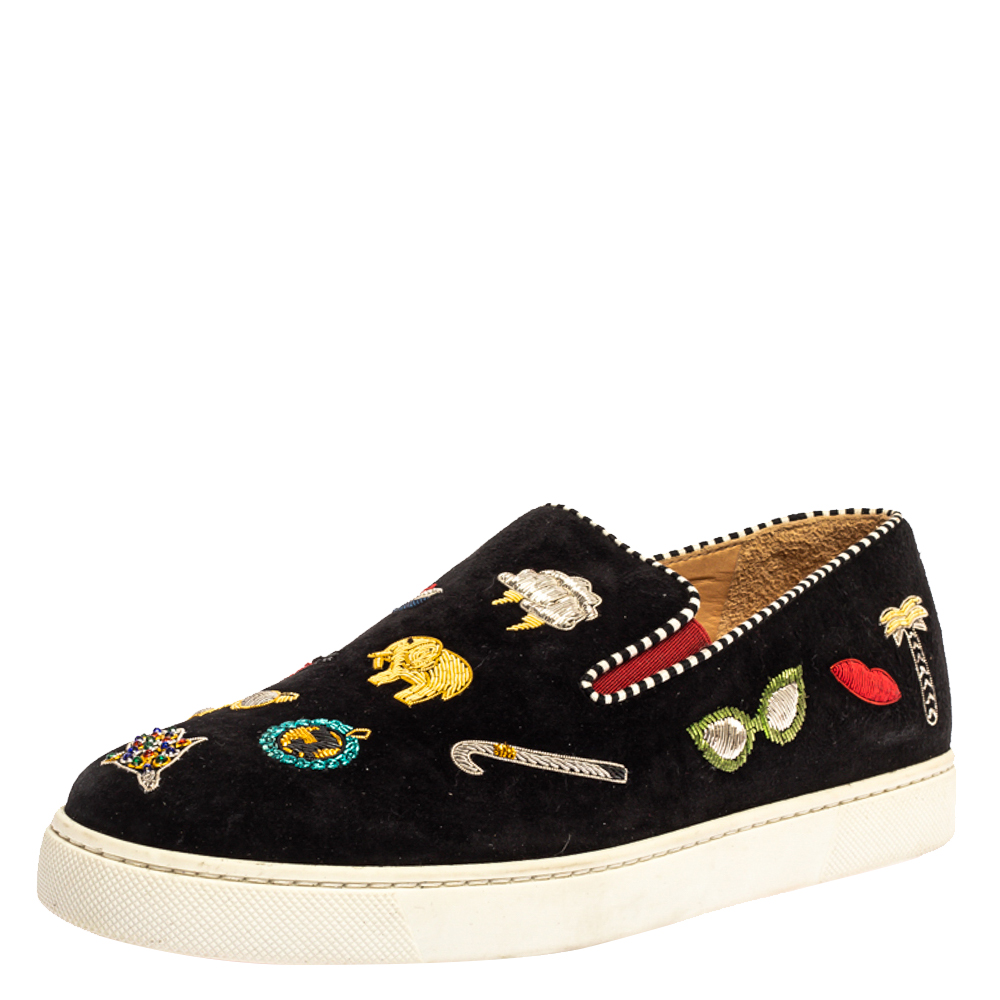 Image of Christian Louboutin Black Embellished Suede Pik N Luck Slip-on Sneakers Size .