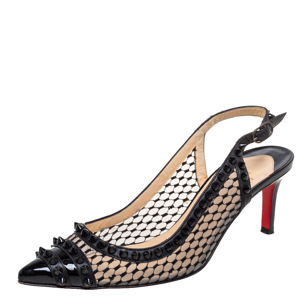 Image of Christian Louboutin Black Mesh and Leather Manovera Slingback Pointed Toe Sandals Size