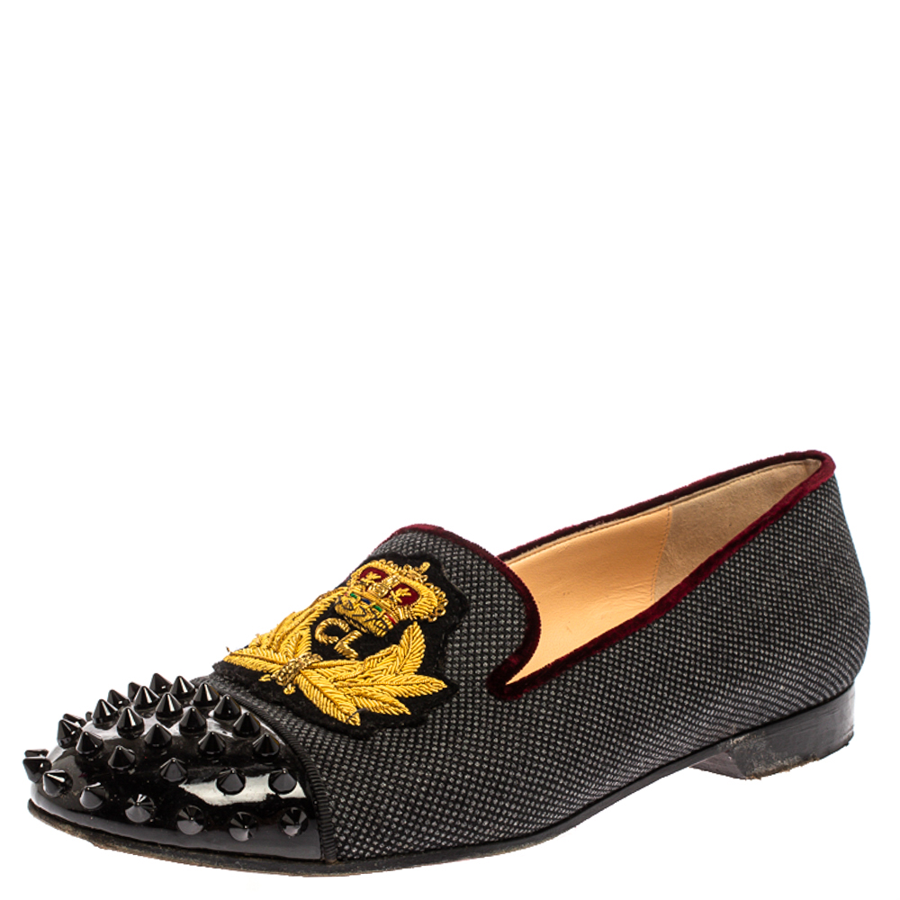 Image of Christian Louboutin Black Canvas And Patent Leather Harvanana Spiked Cap Toe Smoking Slippers Size