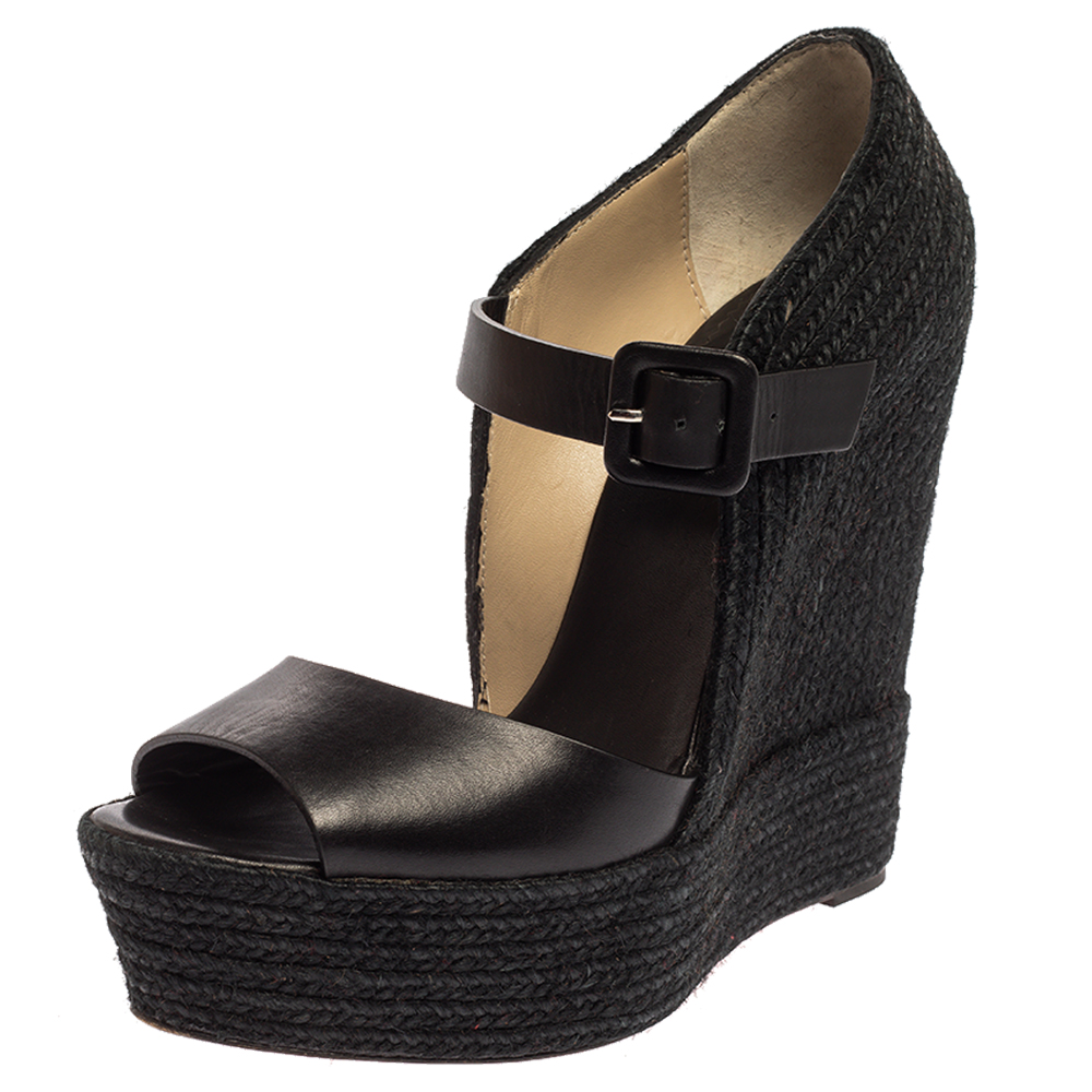 Image of Christian Louboutin Black Leather And Jute Praia Wedge Espadrille Platform Ankle Strap Sandals Size