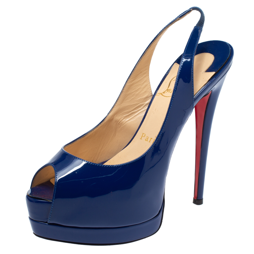 Image of Christian Louboutin Blue Patent Leather Private Number Peep Toe Slingback Sandals Size