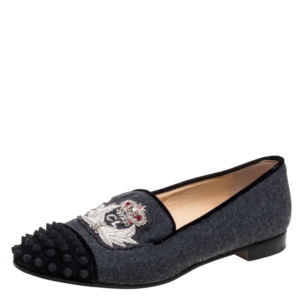 Image of Christian Louboutin Grey/Black Wool Blend Harvanana Spiked Cap Toe Smoking Slippers Size .