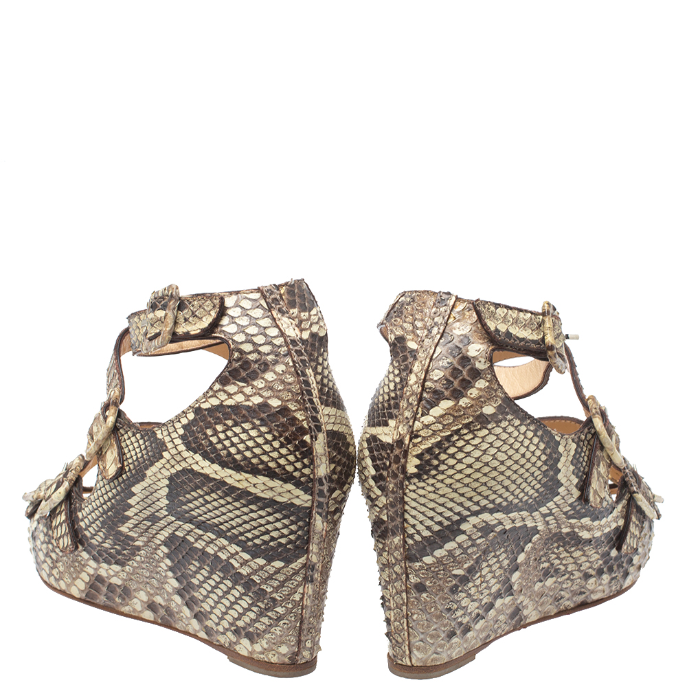 Christian Louboutin Beige Python Caged Buckle Wedge Sandals Size 38