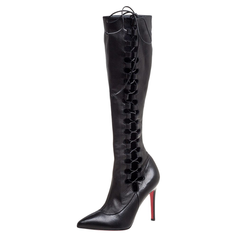 Image of Christian Louboutin Black Leather Goulue High Boots Size
