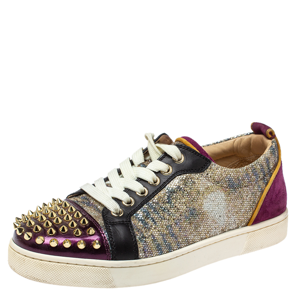 Image of Christian Louboutin Multicolor Glitter and Leather Louis Junior Spikes Sneakers Size .