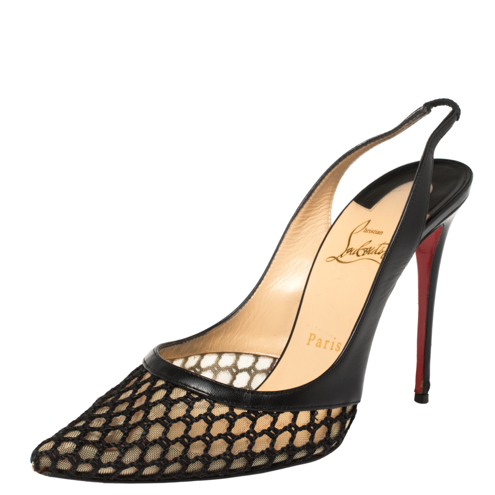 Image of Christian Louboutin Black Leather and Mesh Miluna Slingback Sandals Size