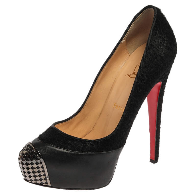 Christian louboutin black leather and pony hair maggie platform pumps size 38