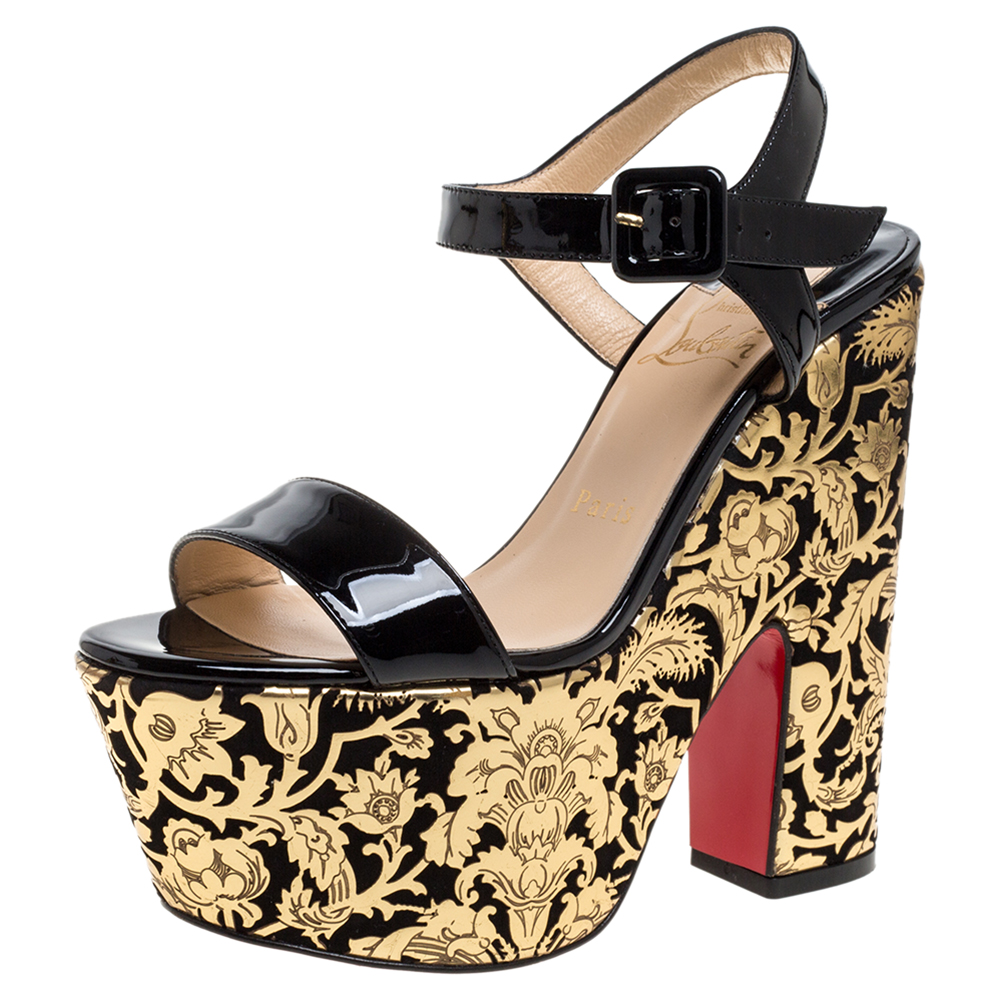 Image of Christian Louboutin Black/Gold Patent Leather Bella Tige Floral Platform Ankle Strap Sandals Size